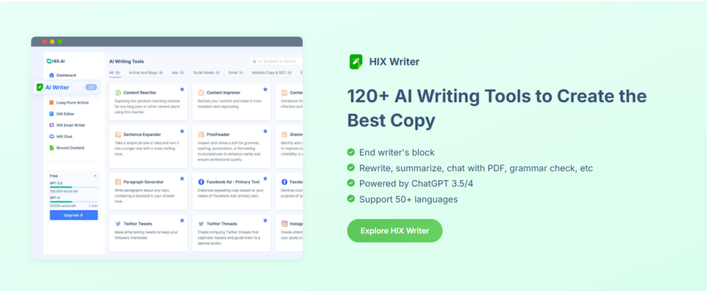 AI-powered writing tool offering over 120 features for content creation and optimization.