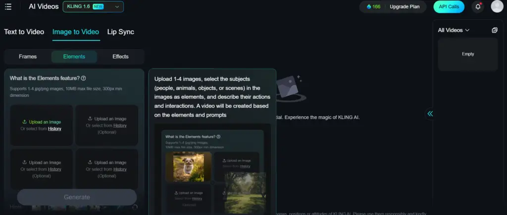 An advanced "KLING AI" interface showcasing the "Elements" feature in the Image-to-Video section, allowing users to upload and animate images into dynamic video content with ease.