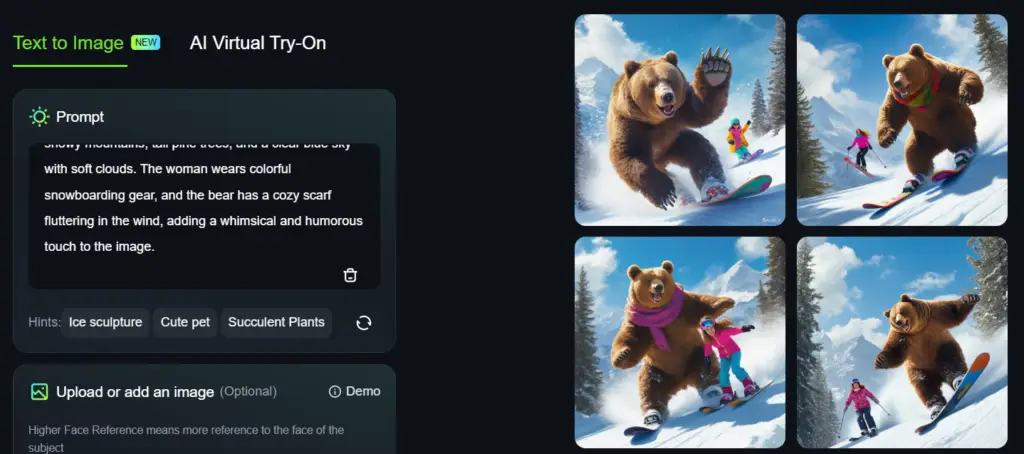 A playful image created with "KLING AI" showcasing a whimsical scene of a bear and a woman snowboarding down snowy mountains. The bear wears a colorful scarf, and the woman is dressed in vibrant snowboarding gear, set against a backdrop of majestic peaks and tall pine trees.