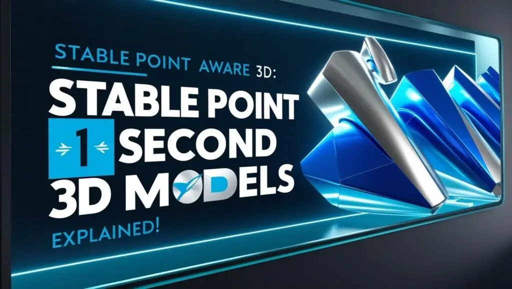 Promotional graphic featuring the text 'Stable Point Aware 3D: Stable Point 1 Second 3D Models Explained!' alongside sleek metallic and blue 3D model designs.