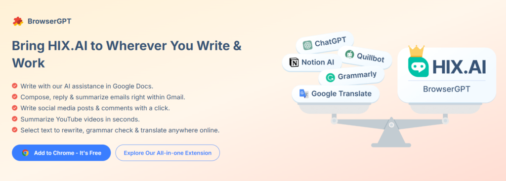 AI-powered browser assistant integrating with Google Docs, Gmail, and social media.