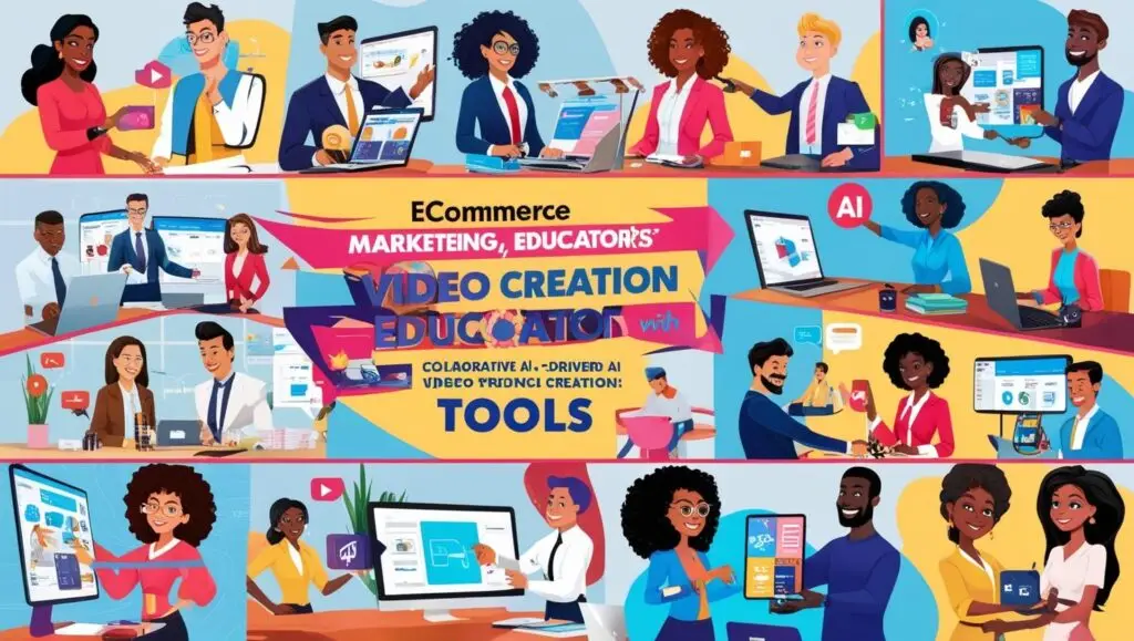 A colorful illustration showcasing diverse professionals collaborating in eCommerce, marketing, and education using Hailuo AI-driven video creation tools. The image highlights teamwork, innovative technology, and various AI-powered platforms.