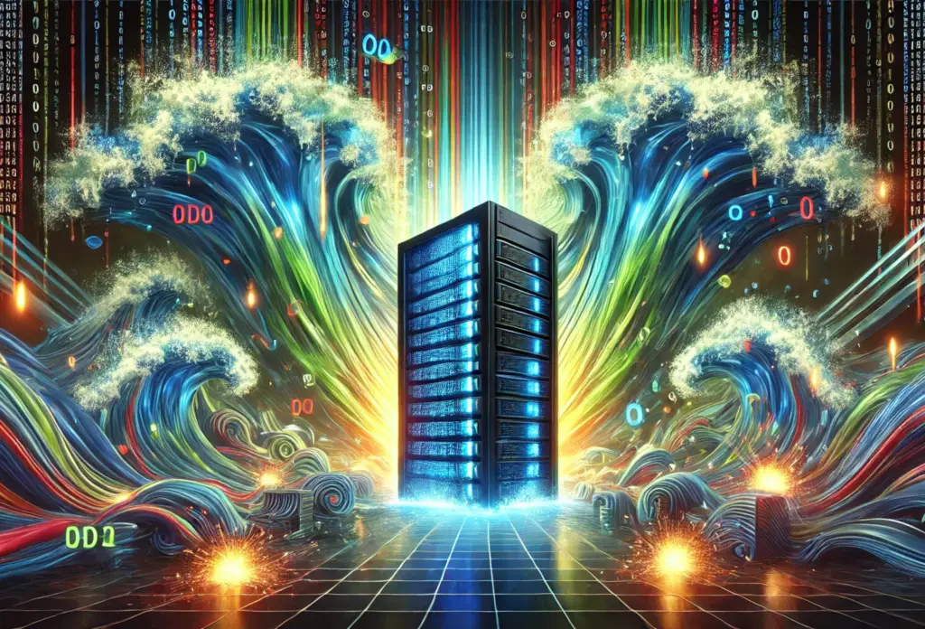 A stunning visualization of a data server under siege by vibrant waves of binary code, representing a powerful DeepSeek attack. The artwork depicts cascading streams of colorful data as they converge upon a glowing central server, symbolizing the overwhelming force of a cyber onslaught.