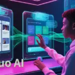 A futuristic interface with holographic screens, showcasing a young individual interacting with advanced AI tools for video templates and creative designs by Hailuo AI.