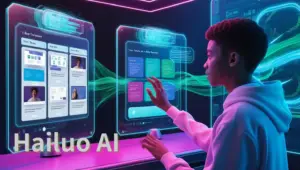 A futuristic interface with holographic screens, showcasing a young individual interacting with advanced AI tools for video templates and creative designs by Hailuo AI.