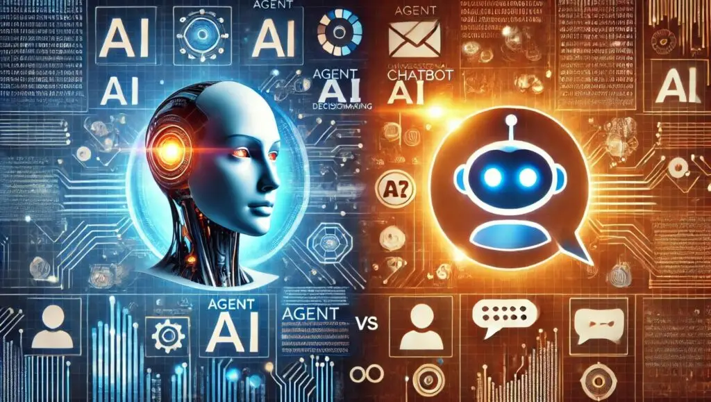 A visual comparison of two AI systems: a humanoid Agent AI on the left and a robotic Chatbot AI on the right, with glowing blue and orange themes respectively. The image highlights their functionalities and differences.