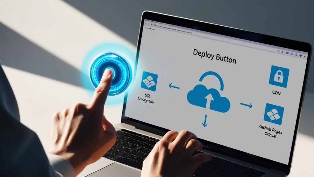 User pressing a glowing deploy button on a laptop screen displaying cloud deployment, SSL encryption, and CDN integration, representing GitPage.site's seamless website publishing process.