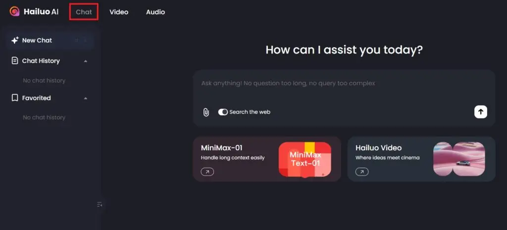 A screenshot of the Hailuo AI platform showcasing its Chat interface, highlighting the "New Chat" option, chat history, and features like "MiniMax-01" for handling long contexts.