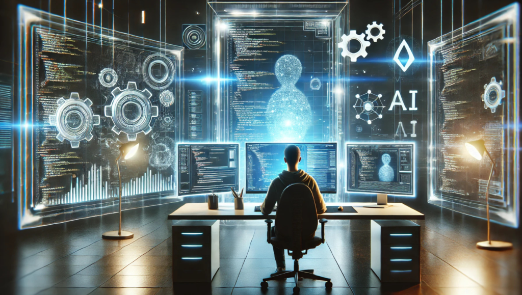 A futuristic workspace featuring a programmer surrounded by glowing screens and holographic interfaces, displaying AI-related visuals, code, and gears.