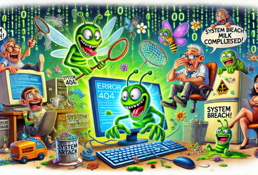 A chaotic and humorous depiction of a cyberattack with mischievous green bugs invading computers, causing errors, and triggering panic among users. This vibrant artwork captures the essence of a system breach crisis akin to a "DeepSeek shock."