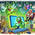 A chaotic and humorous depiction of a cyberattack with mischievous green bugs invading computers, causing errors, and triggering panic among users. This vibrant artwork captures the essence of a system breach crisis akin to a "DeepSeek shock."