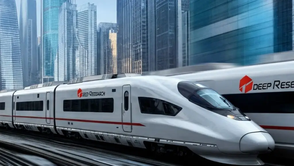 High-speed futuristic train labeled 'Deep Research' moving rapidly through a modern cityscape with tall glass skyscrapers