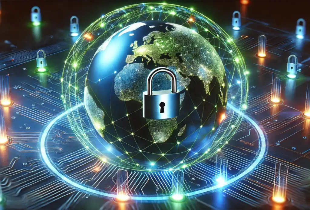 A futuristic representation of global cybersecurity, showcasing a glowing Earth enveloped in a network of lighted lines symbolizing interconnected systems. A secure padlock at the center signifies protection against advanced threats like DeepSeek disruption. The surrounding circuitry glows with vibrant colors, representing digital fortifications.