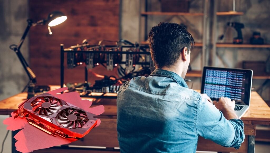 A man working on a laptop near a GPU mining rig, emphasizing NovaSky expertise in blockchain and cryptocurrency technologies.