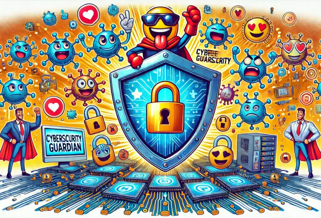 A vibrant illustration showcasing a superhero-themed cybersecurity guardian defending against digital threats. A glowing shield with a golden lock symbolizes protection, surrounded by colorful emojis, viruses, and digital locks. The scene emphasizes the power of secure systems and modern technology.