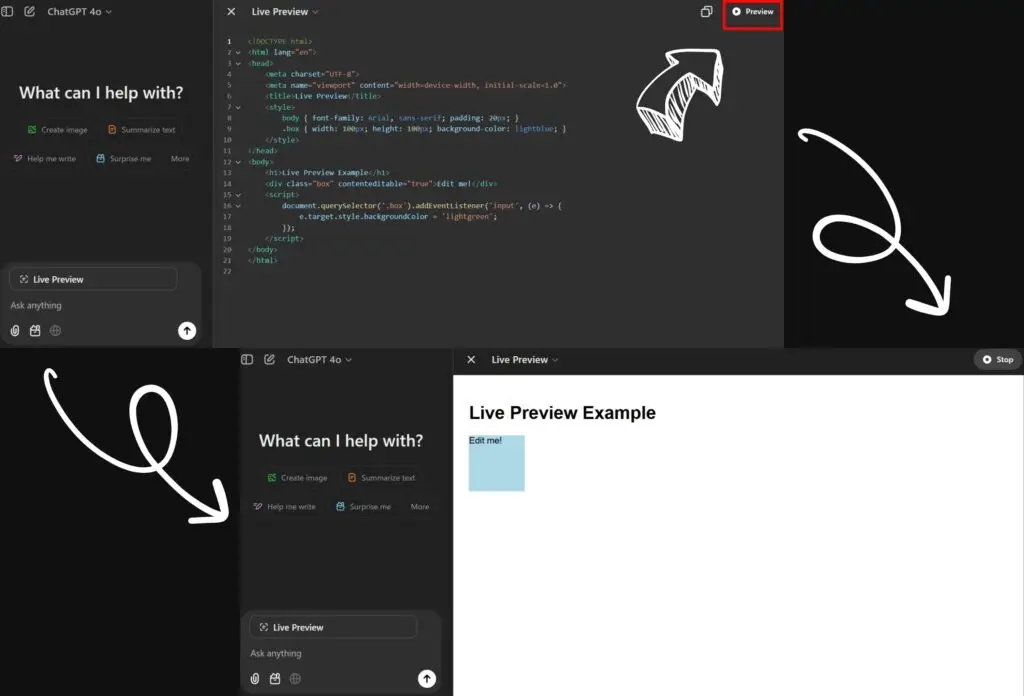 An interactive screenshot of the "ChatGPT Canvas" feature, demonstrating live HTML coding and preview functionality for developers and creators.