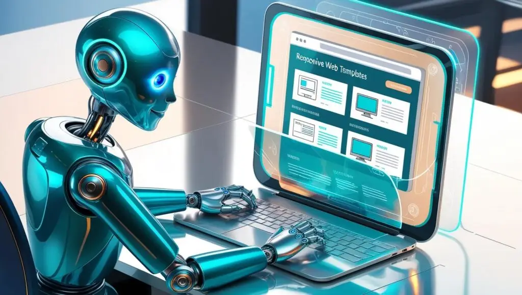 A futuristic robot working on a laptop displaying responsive web templates, symbolizing the efficiency and innovation of GitPage.site in website creation.