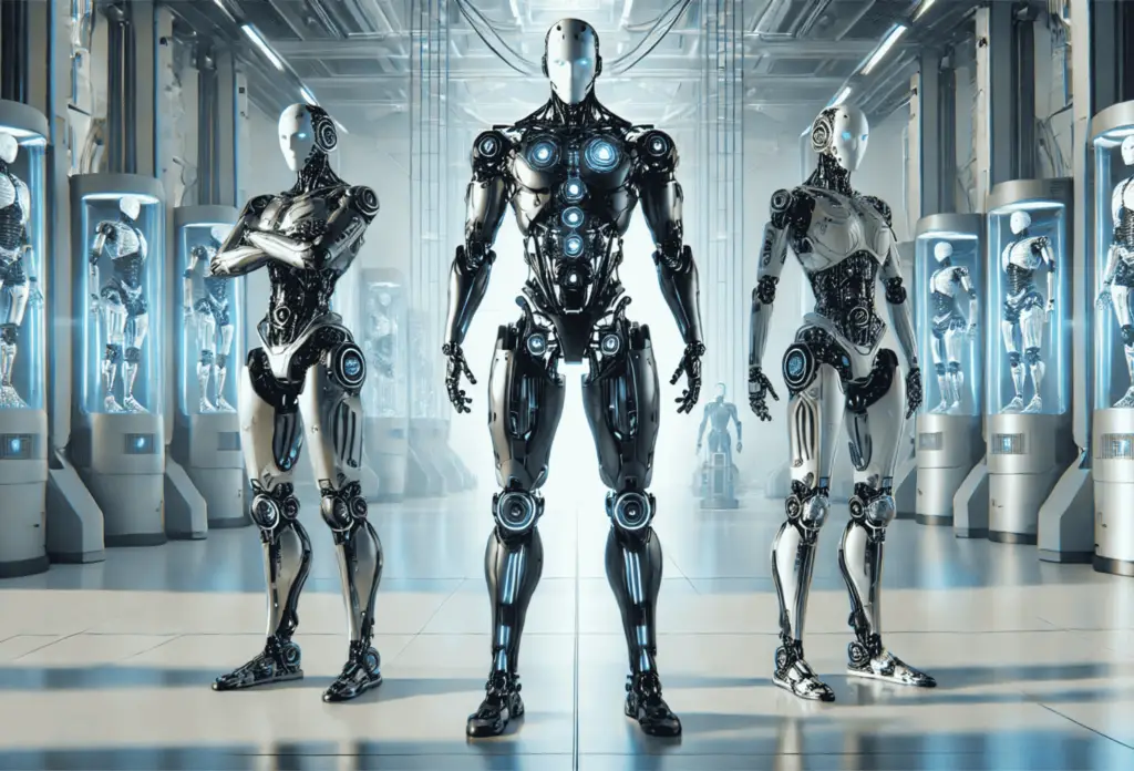 A futuristic depiction of humanoid robots in a high-tech laboratory, symbolizing the concept of "KILING AI" as advanced artificial intelligence systems evolve and compete.