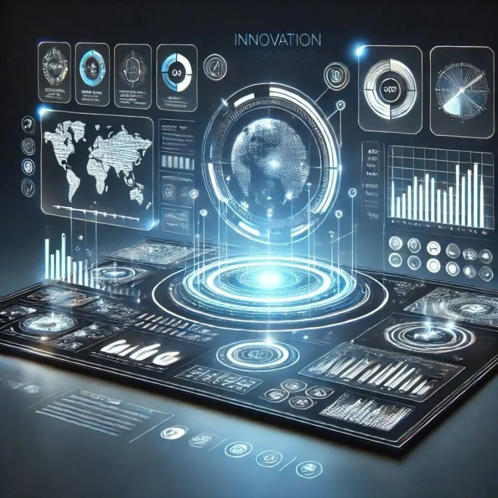 A futuristic digital dashboard displayed on ChatGPT Canvas, showcasing innovation through interactive data visualizations, charts, and global analytics.