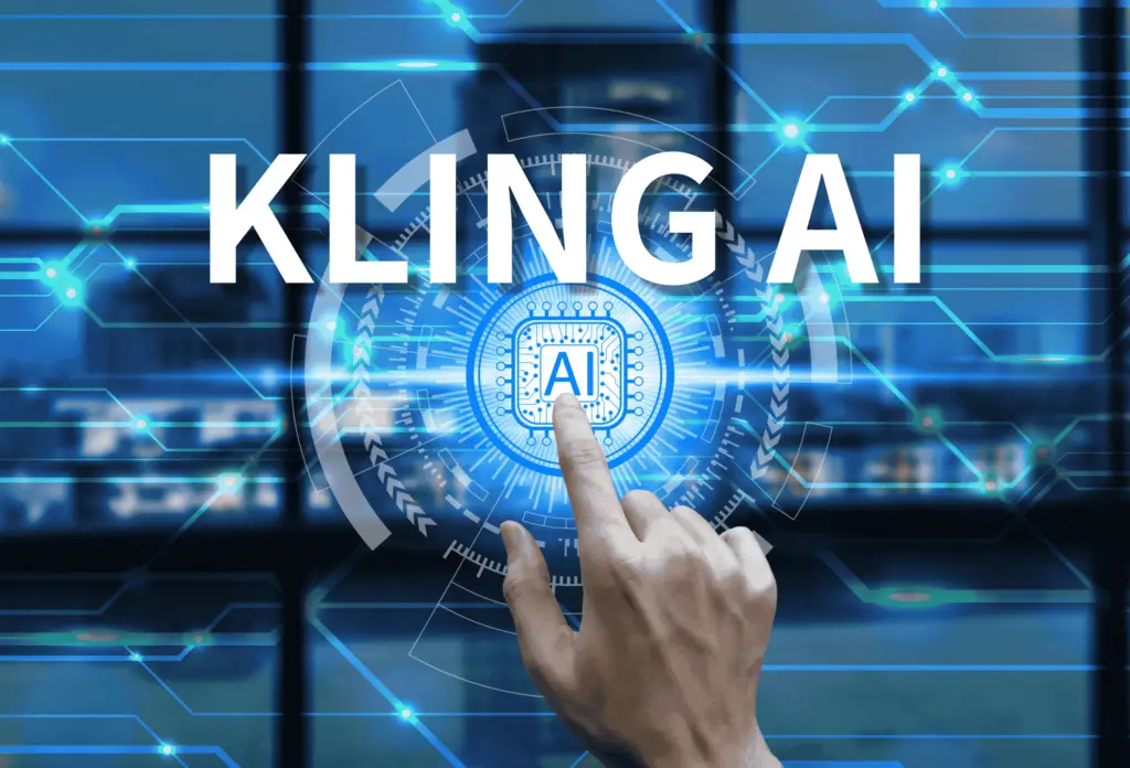 A futuristic smart city illuminated by advanced KLING AI technology, featuring holographic interfaces, drones, and autonomous vehicles. The vibrant scene showcases KLING AI's role in urban innovation and connectivity.