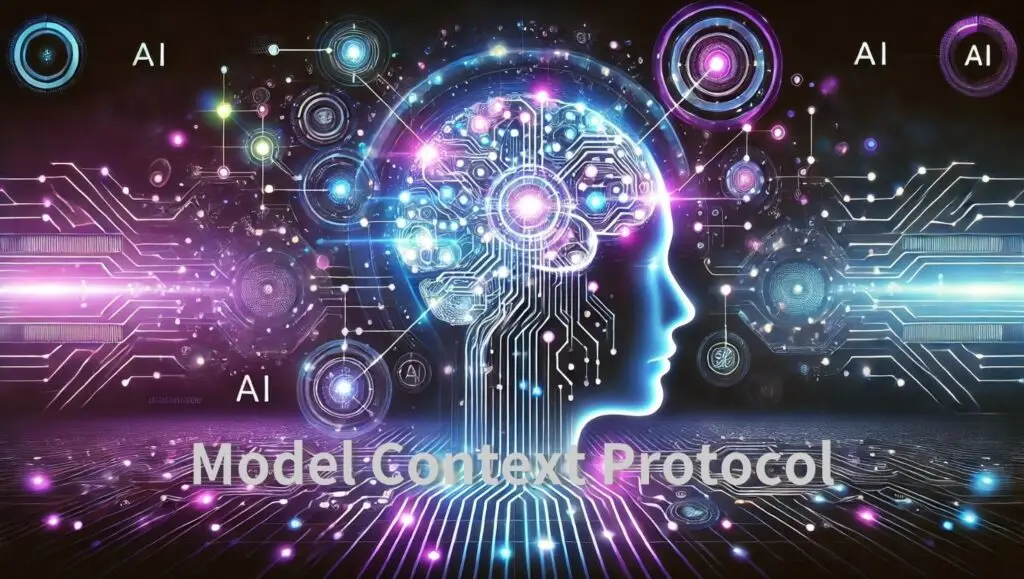 A glowing digital representation of a human brain surrounded by circuitry and AI connections, symbolizing advanced artificial intelligence and the Model Context Protocol.