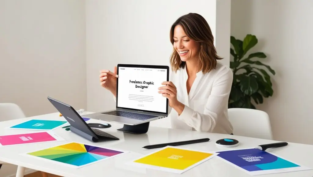 A smiling freelance graphic designer showcasing her website on a tablet, surrounded by colorful design samples and tools on a clean, modern desk.