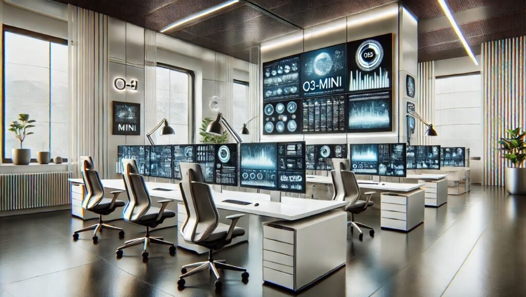 Futuristic office environment with sleek workstations, advanced monitors displaying data analytics, and the O3-MINI AI system prominently featured on the walls.