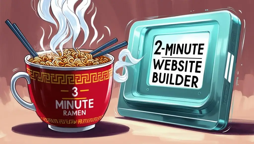 Illustration comparing a steaming cup of '3-Minute Ramen' with a futuristic box labeled '2-Minute Website Builder,' highlighting the speed and simplicity of GitPage.site.