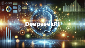 A futuristic AI-driven system, DeepseekR1, analyzing data with neural network visuals, dynamic graphs, and interlinking nodes to represent its cutting-edge technology.