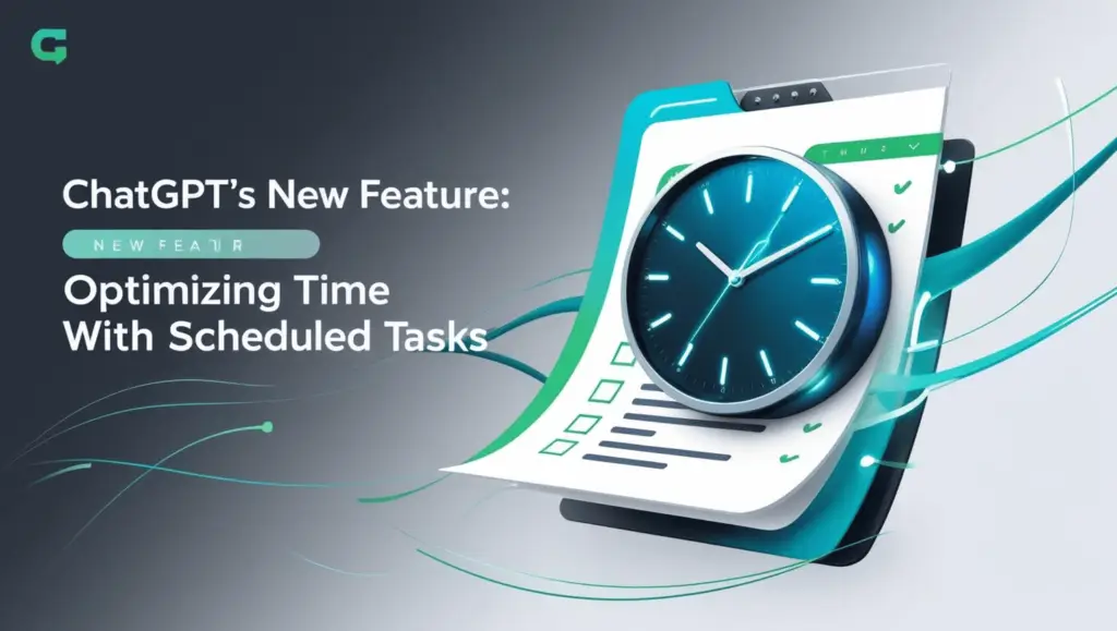 A sleek and modern illustration featuring a clock integrated into a task checklist, emphasizing time optimization and task scheduling. The text reads "ChatGPT’s New Feature: Optimizing Time With Scheduled Tasks.