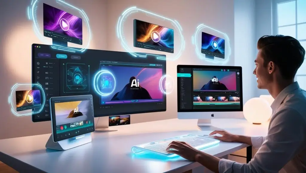 A professional video editor working on a futuristic AI-powered video editing platform with multiple holographic displays and advanced tools by Hailuo AI.