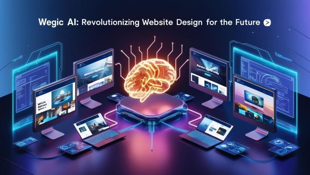 A futuristic illustration showcasing Wegic AI, an advanced website design tool, featuring glowing digital elements, interactive screens, and sleek layouts that represent innovation in web development.