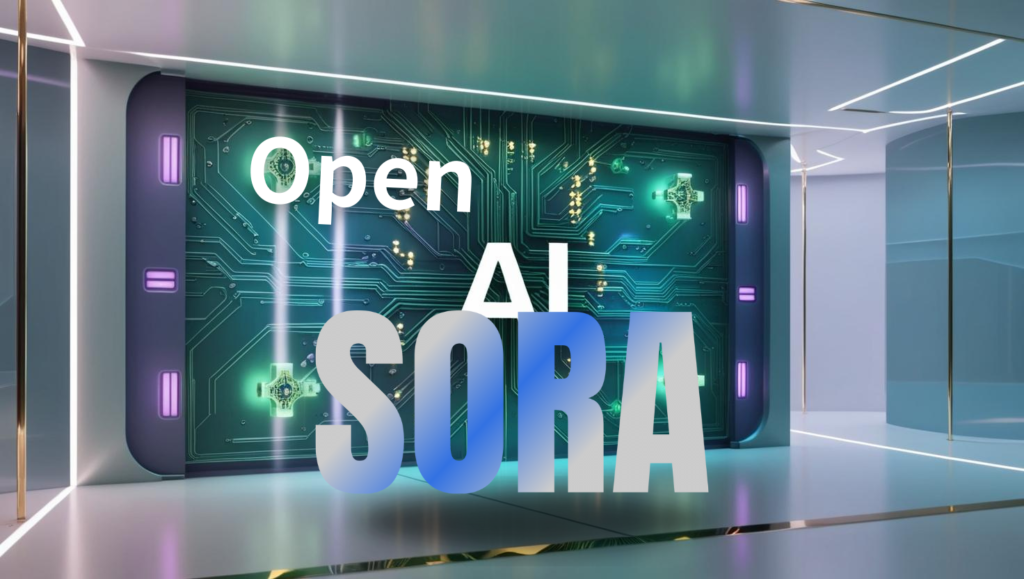 A modern, futuristic design featuring a glowing circuit board in green and blue tones, with the words "AI SORA" and "Open AI Sora" prominently displayed, symbolizing cutting-edge artificial intelligence.